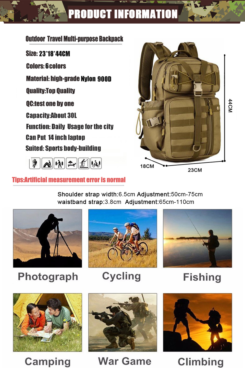 Men Outdoor 3P Tactical Backpack 900D Waterproof Army Shoulder Military hunting camping Women Multi-functional Molle Sports Bag