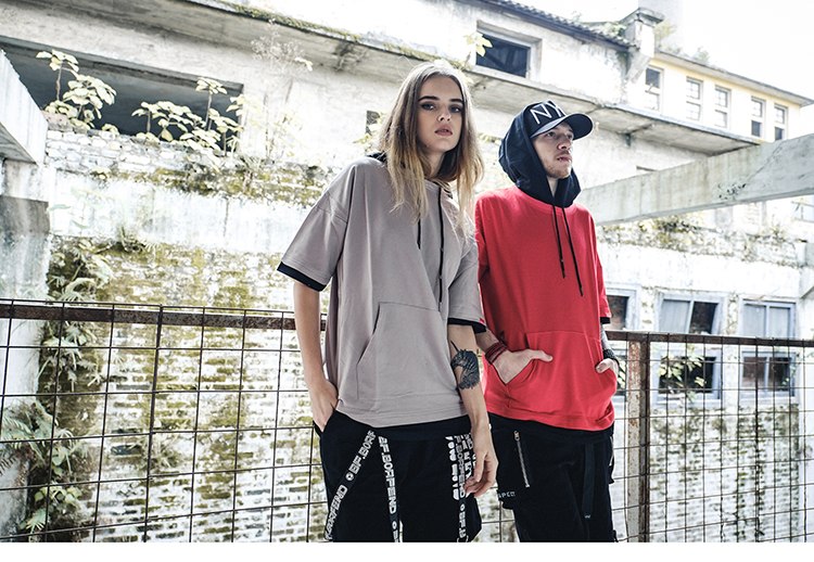 Harajuku Hoodie Short Sleeve Mens Plain Hoodies Korean Hip Hop Streetwear