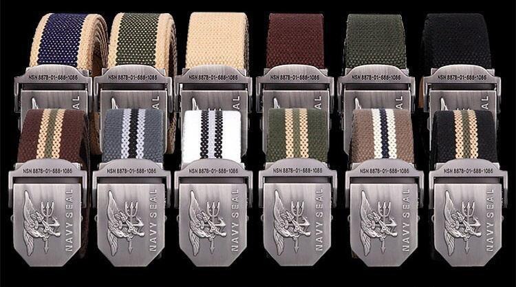 2017 Brand Mens Belt Navy Seal Metal Smooth Buckle Striped Canvas Belt Knit Strap Military Belts Eagle Waist Cinto Unisex