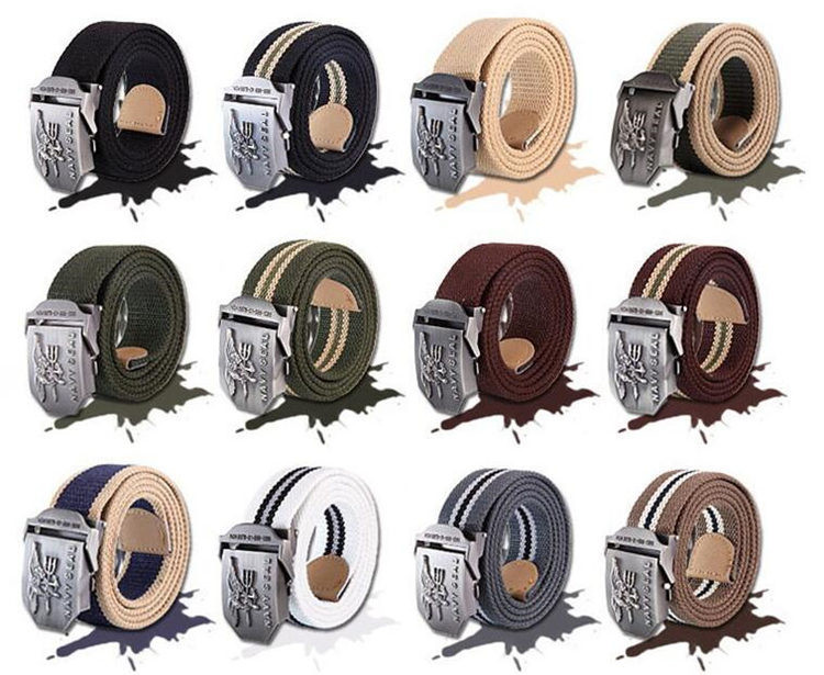2017 Brand Mens Belt Navy Seal Metal Smooth Buckle Striped Canvas Belt Knit Strap Military Belts Eagle Waist Cinto Unisex