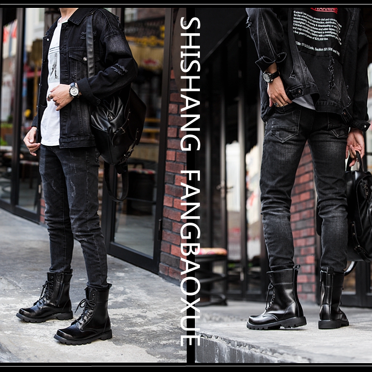 Steel Toe Men Military Boots Genuine Leather Safety Shoes for Men Spring Fashion Lace Up Black Ankle Platform Motorcycle Boots