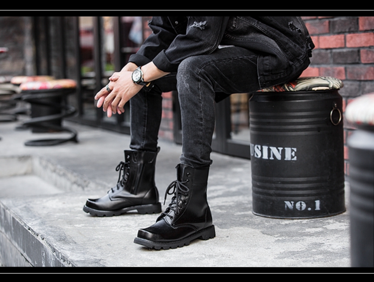 Steel Toe Men Military Boots Genuine Leather Safety Shoes for Men Spring Fashion Lace Up Black Ankle Platform Motorcycle Boots