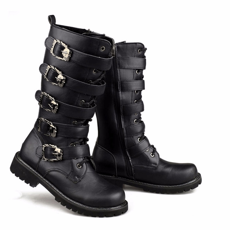 Men Military Leather Combat Metal Buckle Male Motorcycle Punk Boots Men ...