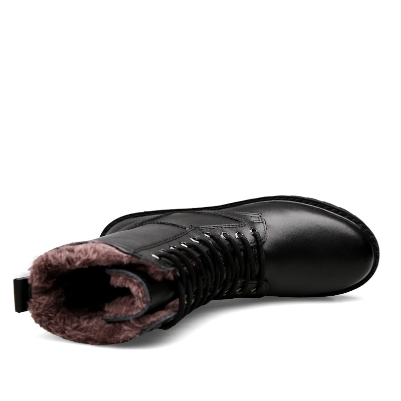 Plush Boots Genuine Leather Long Boots Men High Shoes Flat Military Boots To Keep Warm Shoes Large Size 38-50