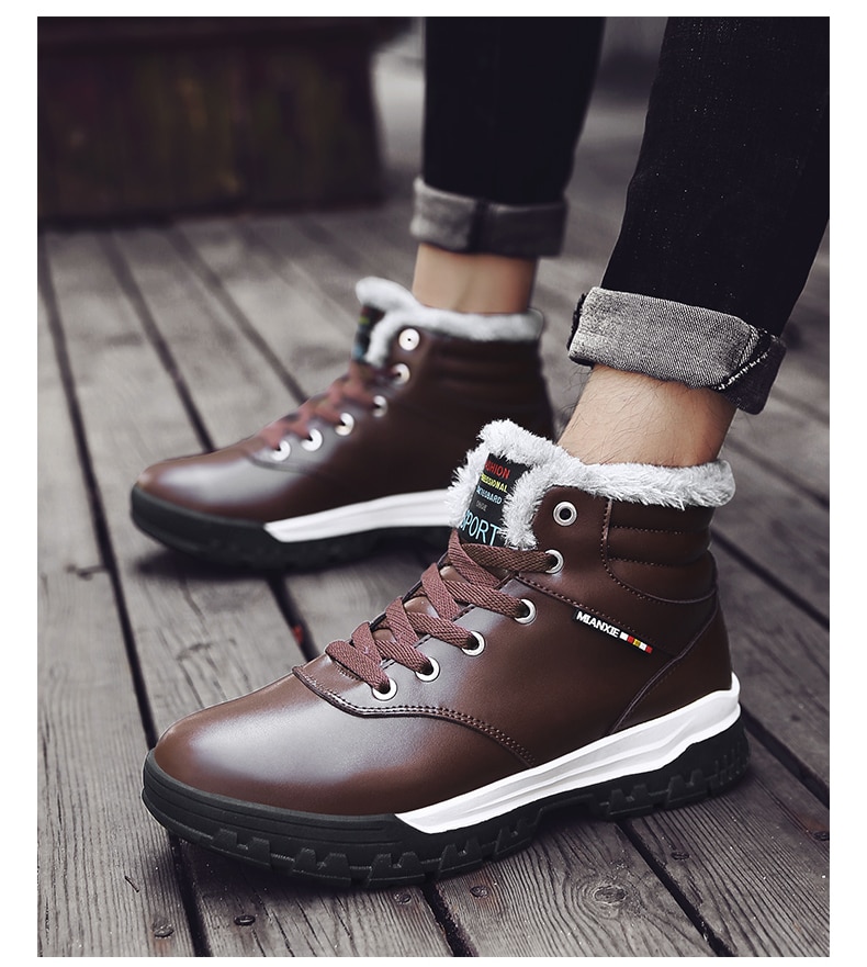 Plush Boots Genuine Leather Long Boots Men High Shoes Flat Military Boots To Keep Warm Shoes Large Size 38-50