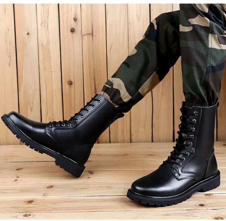 Plush Boots Genuine Leather Long Boots Men High Shoes Flat Military Boots To Keep Warm Shoes Large Size 38-50