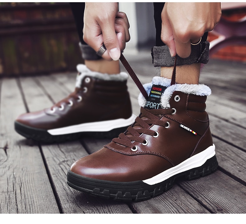 Plush Boots Genuine Leather Long Boots Men High Shoes Flat Military Boots To Keep Warm Shoes Large Size 38-50