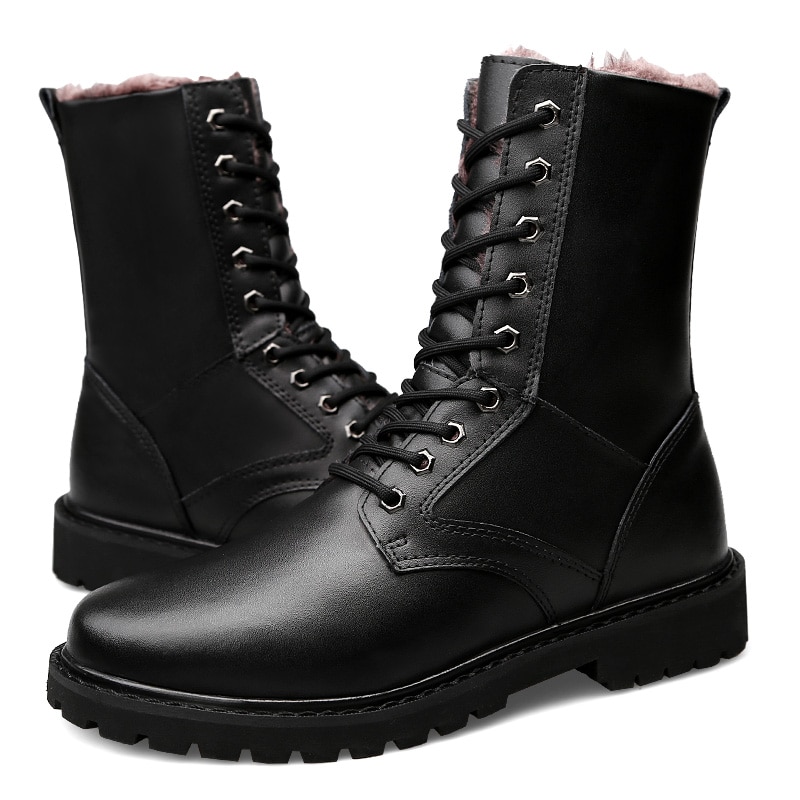 Plush Boots Genuine Leather Long Boots Men High Shoes Flat Military Boots To Keep Warm Shoes Large Size 38-50