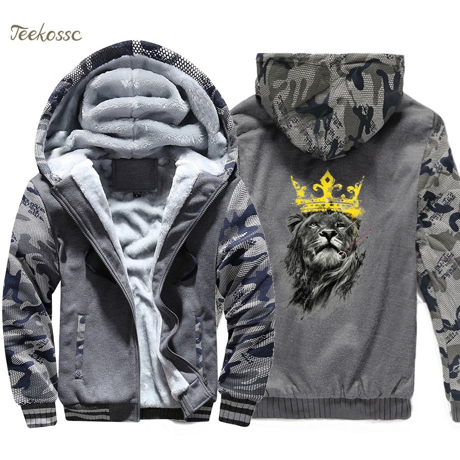 Lion King Hoodie Men Animal Print Hooded Sweatshirt Coat 2018 Winter Warm Fleece Thick High Quality Cool Camouflage Jacket Mens