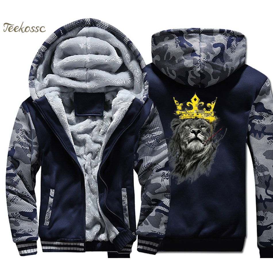 Lion King Hoodie Men Animal Print Hooded Sweatshirt Coat 2018 Winter Warm Fleece Thick High Quality Cool Camouflage Jacket Mens