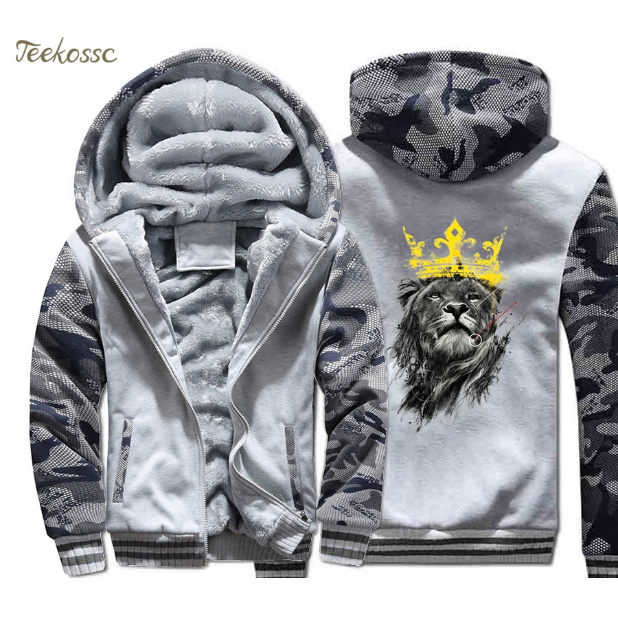 Lion King Hoodie Men Animal Print Hooded Sweatshirt Coat 2018 Winter Warm Fleece Thick High Quality Cool Camouflage Jacket Mens