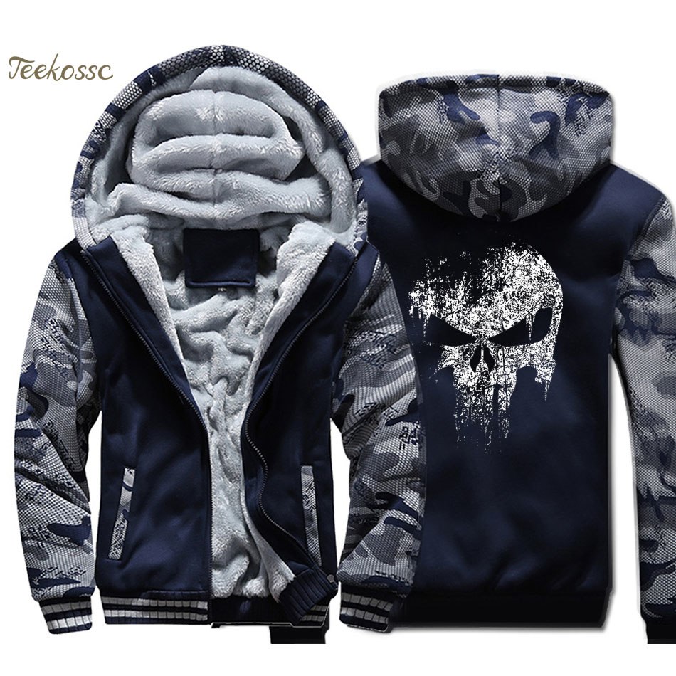 Skull Jacket Super Hero Hoodie Men Hip-Hop Sweatshirt Coat Winter Thick Fleece Warm Camouflage Swag Sportswear Mens