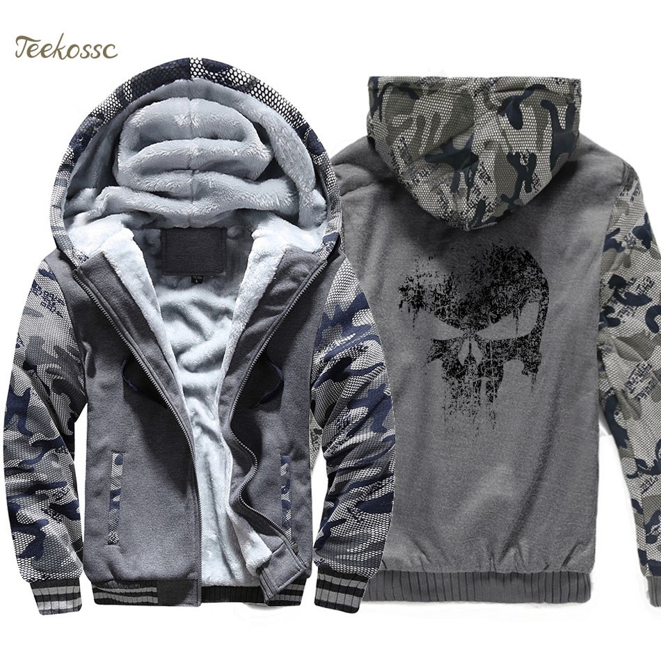 Skull Jacket Super Hero Hoodie Men Hip-Hop Sweatshirt Coat Winter Thick Fleece Warm Camouflage Swag Sportswear Mens