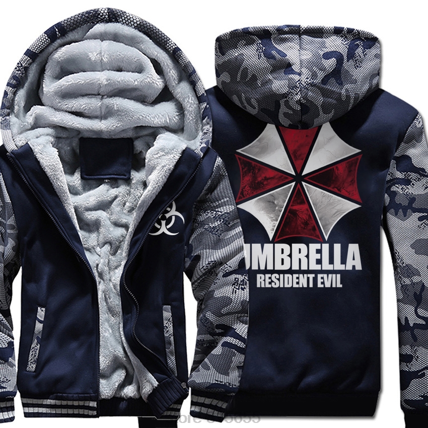 men wool liner keep warm tracksuits resident Evil Umbrella Hooded Camouflage color Hoodies Thicken Zipper Jacket coats 2019 male