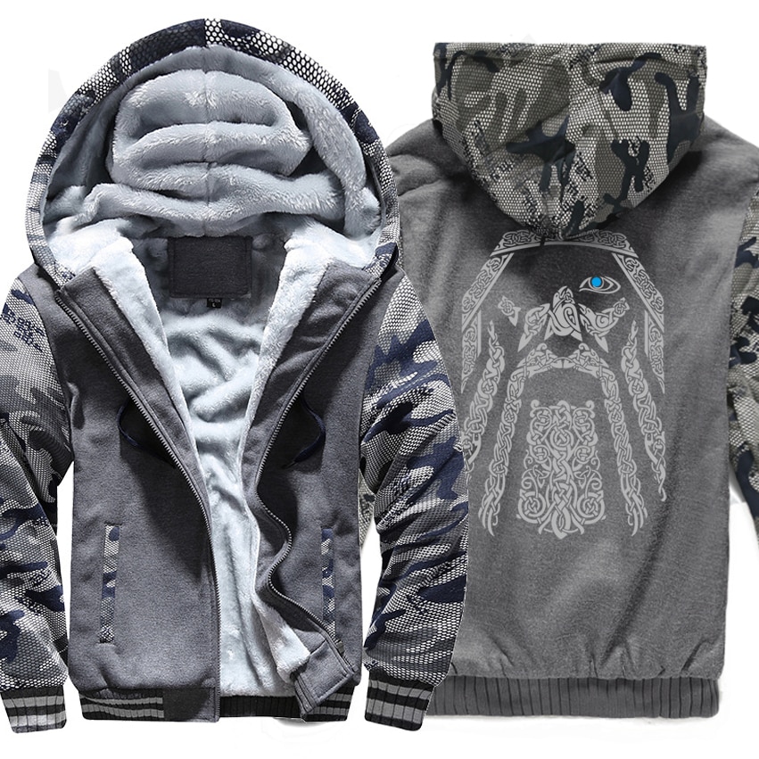 Odin Vikings hoodies for men 2018 new fashion wool liner winter sweatshirt Camouflage sleeve coats raglan print jacket tracksuit