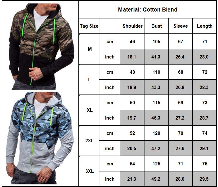 Camouflage Hoodies Men Fashion Zip Up Sweatshirt Male Camo Splice Hoody