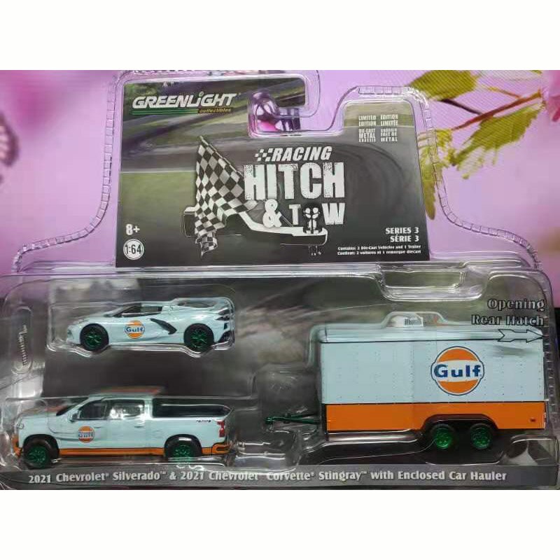 Greenlight 1:64 Scale Alloy 2021 Chevrolet Gulf Oil Gulf Oil Truck Ford Flatbed Trailer Diecast Metal Vehicle Model Toy Car Gift