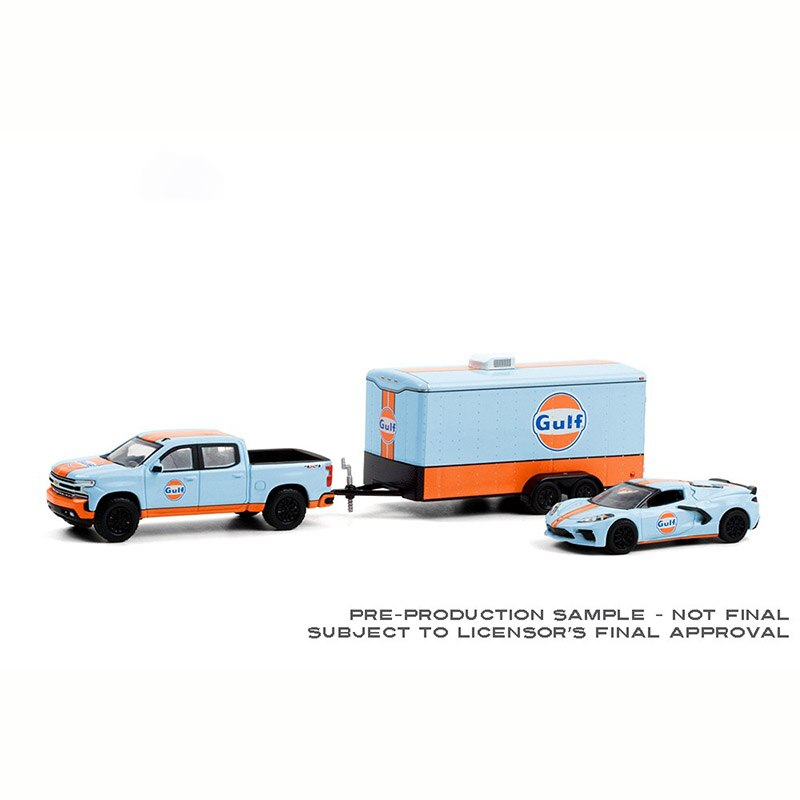 Greenlight 1:64 Scale Alloy 2021 Chevrolet Gulf Oil Gulf Oil Truck Ford Flatbed Trailer Diecast Metal Vehicle Model Toy Car Gift