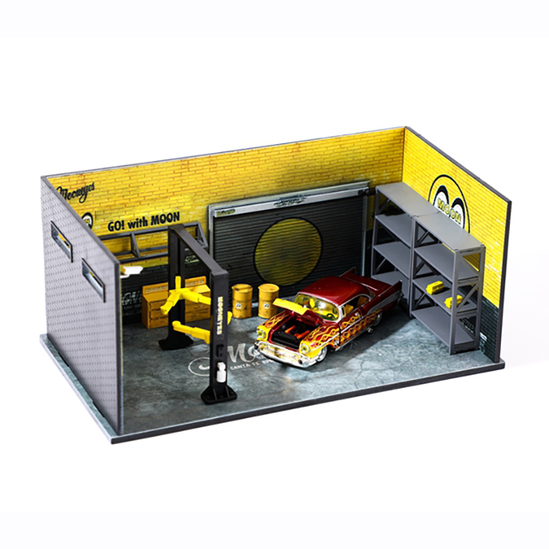 1:64 Scale Alloy Simulation Car Model Repair Workshop Refit Factory Car Model Scene Photo Board Display Stand Fan Gift Souvenir