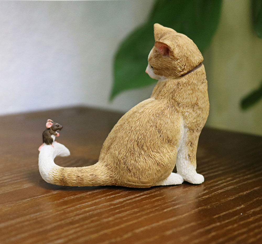 JJM Tabby Cat Catch Mouse Pet Figure Kitten Animal Collector Toy Resin Model Doll Car Decoration Toy for Children Adults Gift