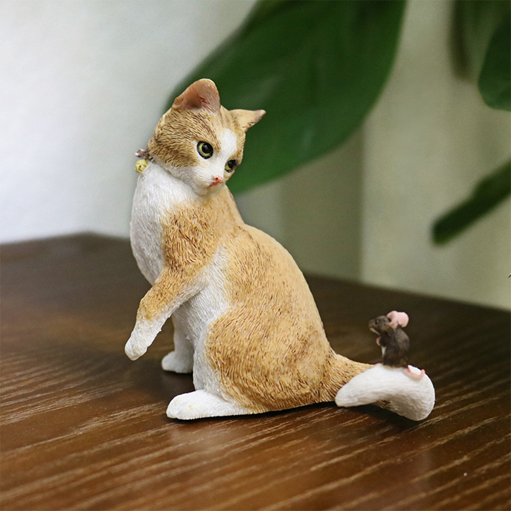 JJM Tabby Cat Catch Mouse Pet Figure Kitten Animal Collector Toy Resin Model Doll Car Decoration Toy for Children Adults Gift
