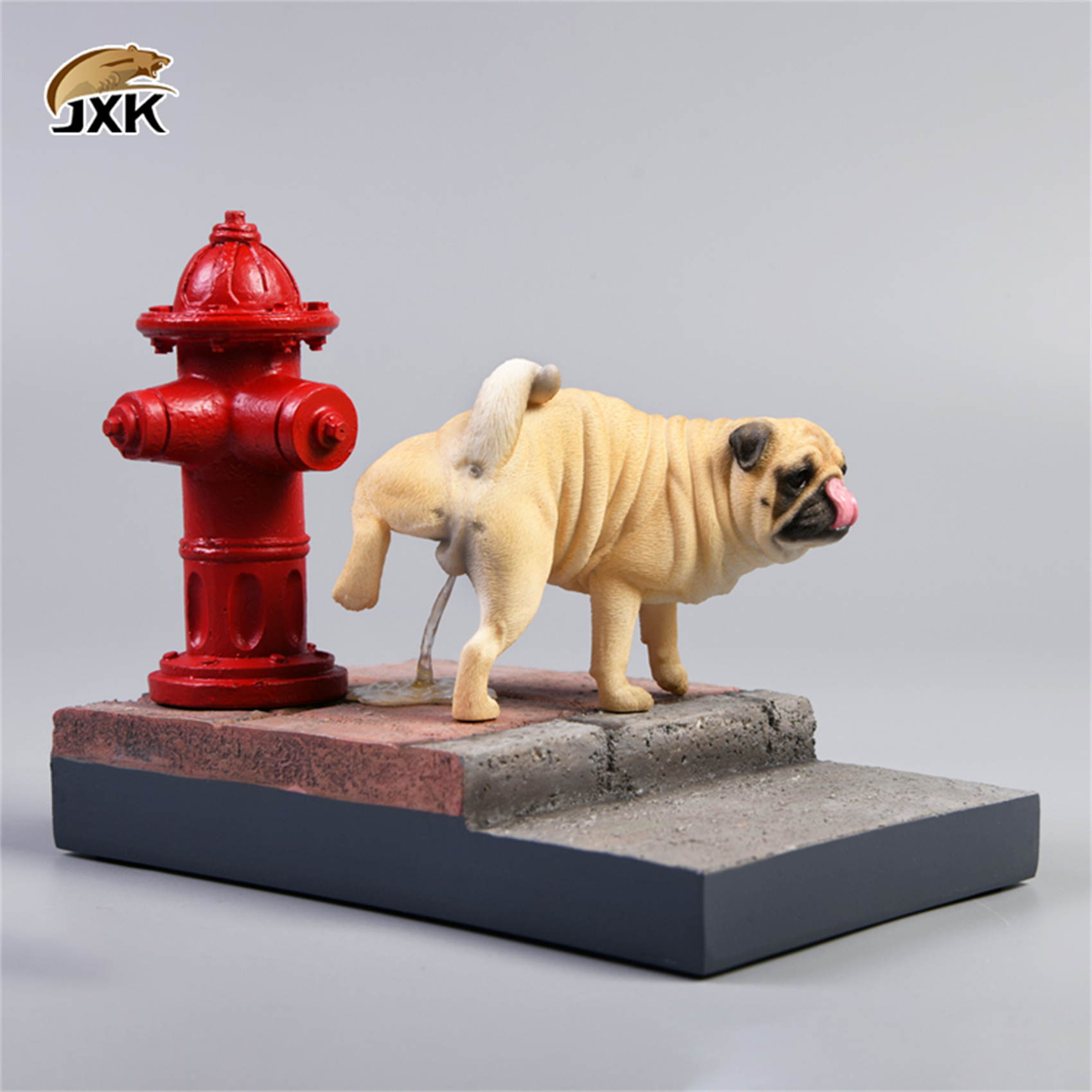 JXK 1/6 Funny Pug Figure Dog with Base Pet Healing Figure Cute Canidae Animal Collector Toy Resin Desktop Decoration Gift