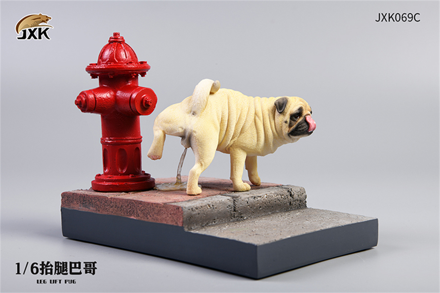 JXK 1/6 Funny Pug Figure Dog with Base Pet Healing Figure Cute Canidae Animal Collector Toy Resin Desktop Decoration Gift