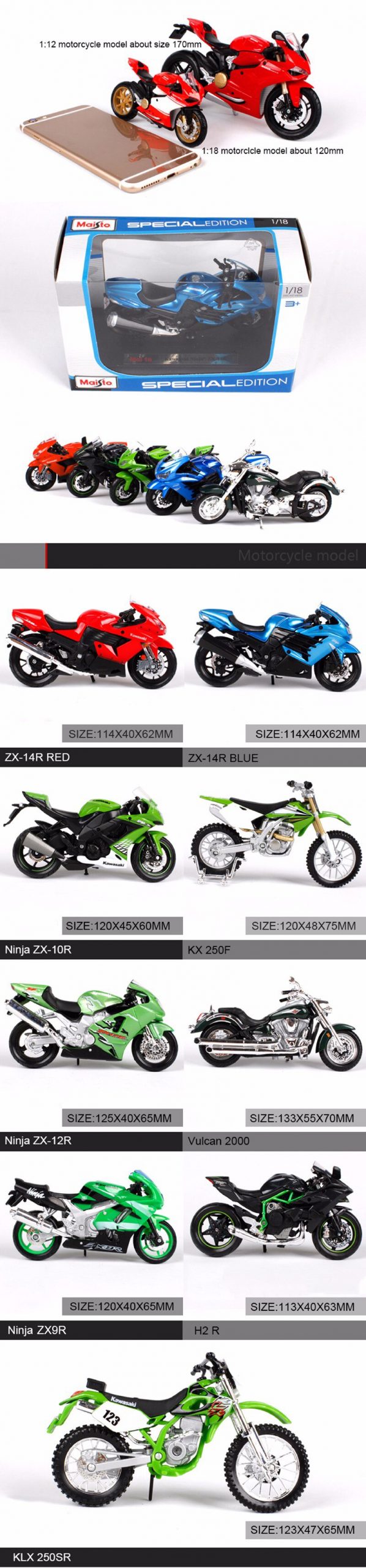 Maisto 1:18 Motorcycle Models H2R ZX14R Ninja ZX10R ZX12R ZX9R Vulcam KLX250 KX250 Miniature Race Toy For Gift Collection Maisto 1:18 Motorcycle Models H2R ZX14R Ninja ZX10R ZX12R ZX9R Vulcam KLX250 KX250 Miniature Race Toy For Gift Collection