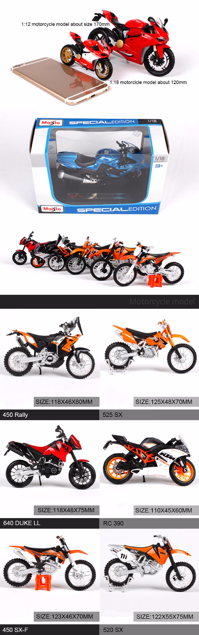 Maisto 1:18 Motorcycle Models KTM 450 Rally 640 DUKE LL 525 SX450 SXF520 SX RC390 Miniature Race Toy For Gift Collection