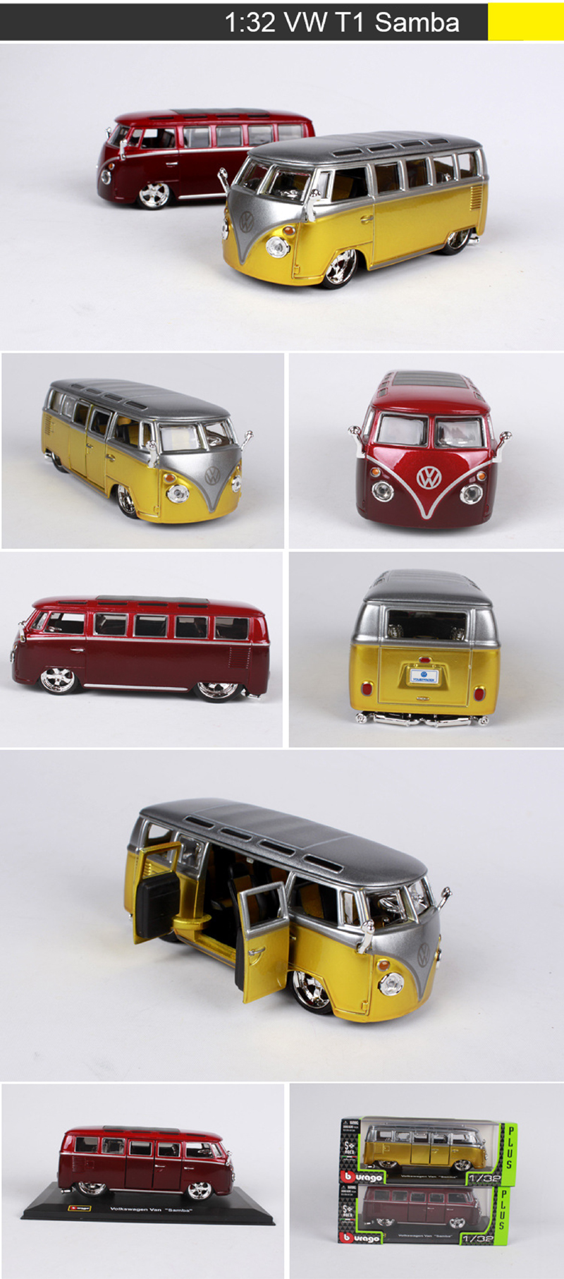 Bburago 1:32 Diecast Model Car VW T1 Samba Van Classic Cars Vehicle Play Collectible Models Sport Cars toys For Gift Collection