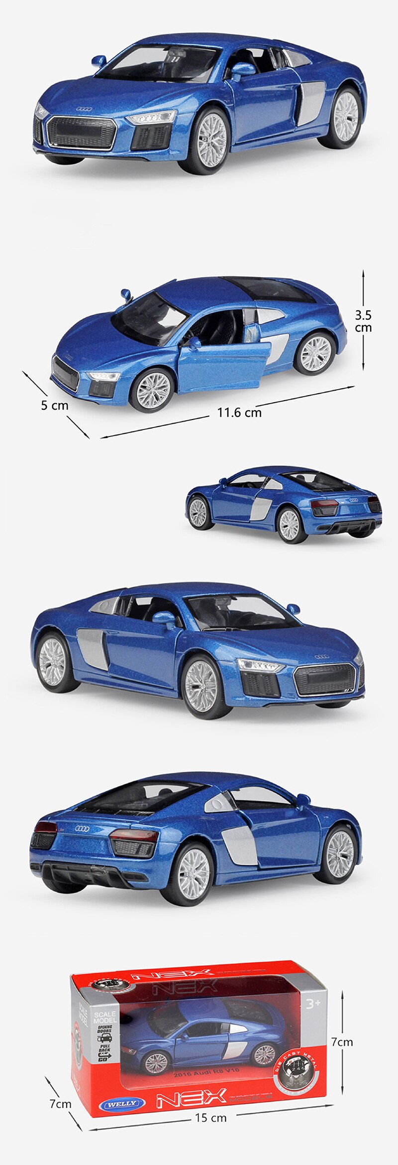 1:36 Diecast Models 2016 R8 V10 Blue Coupe Model Toys Alloy Car Diecast Metal Pull Back Car Toy For Gift Collection