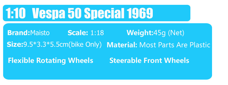 Maisto 1/18 scale vintage Piaggio Vespa 50 Special 1969 Scooter motorcycle diecast vehicle motor bike toy model of children gift Maisto 1/18 scale vintage Piaggio Vespa 50 Special 1969 Scooter motorcycle diecast vehicle motor bike toy model of children gift