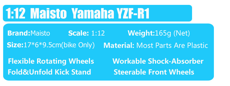 Kids 1:12 Scale Masito Children Yamaha YZF-R1 YZF R1 Diecasts & Toy Vehicle Model Motorcycle Race Bike Toy Thumbnails With box Kids 1:12 Scale Masito Children Yamaha YZF-R1 YZF R1 Diecasts & Toy Vehicle Model Motorcycle Race Bike Toy Thumbnails With box