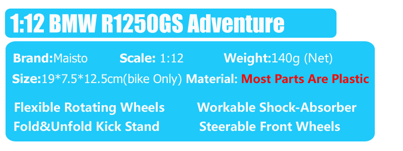 Maisto 1:12 Scale R1250GS Adventure Cruiser Bike Model Diecast R 1250 GS Motorrad Touring Motorcycle Sport Toy Vehicles Replicas