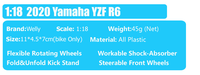 Kids 1/18 Scale Mini Welly 2020 Yamaha YZF R6 Super Racing Bike Diecast Toy Vehicle Plastic Model Motorcycle Toy Thumbnails Blue Kids 1/18 Scale Mini Welly 2020 Yamaha YZF R6 Super Racing Bike Diecast Toy Vehicle Plastic Model Motorcycle Toy Thumbnails Blue