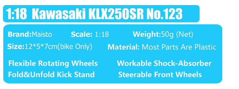 Boys 1:18 Scale Maisto Kawasaki KLX250SR #123 Enduro Bike Sport Dirt Diecast Motorcycle Toy Models Vehicle Off Road Moto Racing