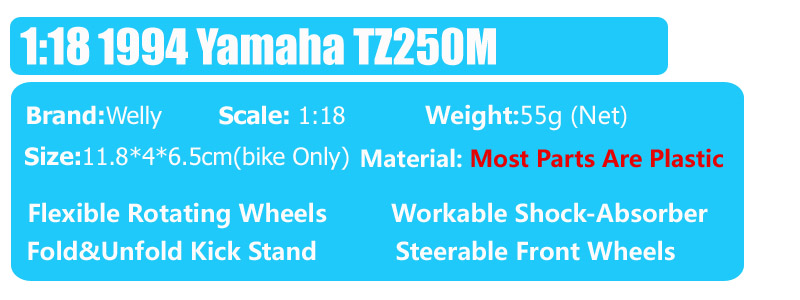 Welly 1/18 Scale 1994 Yamaha TZ 250 TZ250M #1 France Test Bike GP Racing Diecast Vehicle Model Moto Motorcycle Children's Toys