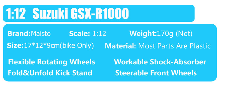 Masito 1/12 scale Suzuki GSX-R1000 Gixxer GSXR sport bike metal diecast model Vehicle motorcycle moto toys miniatures for childs