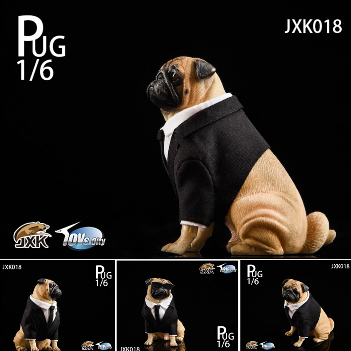JxK 1/6 Suit Pug Figure Dog Pet Healing Figure Animal Model Toy Collector Decoration Kid Gift