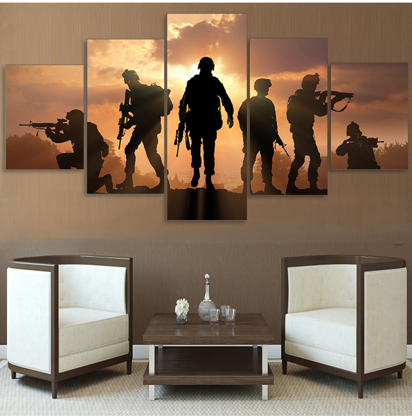 HD Printed 5 Piece Patriotic US military Painting soldiers Canvas with army Sunset Wall Pictures for Living Room battlefield