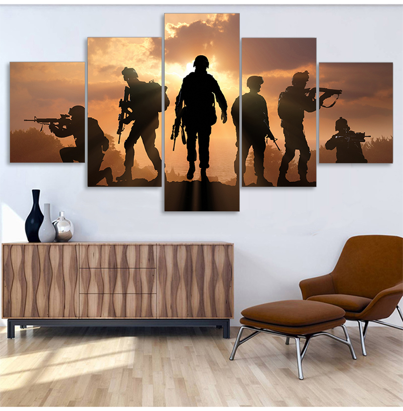 HD Printed 5 Piece Patriotic US military Painting soldiers Canvas with army Sunset Wall Pictures for Living Room battlefield