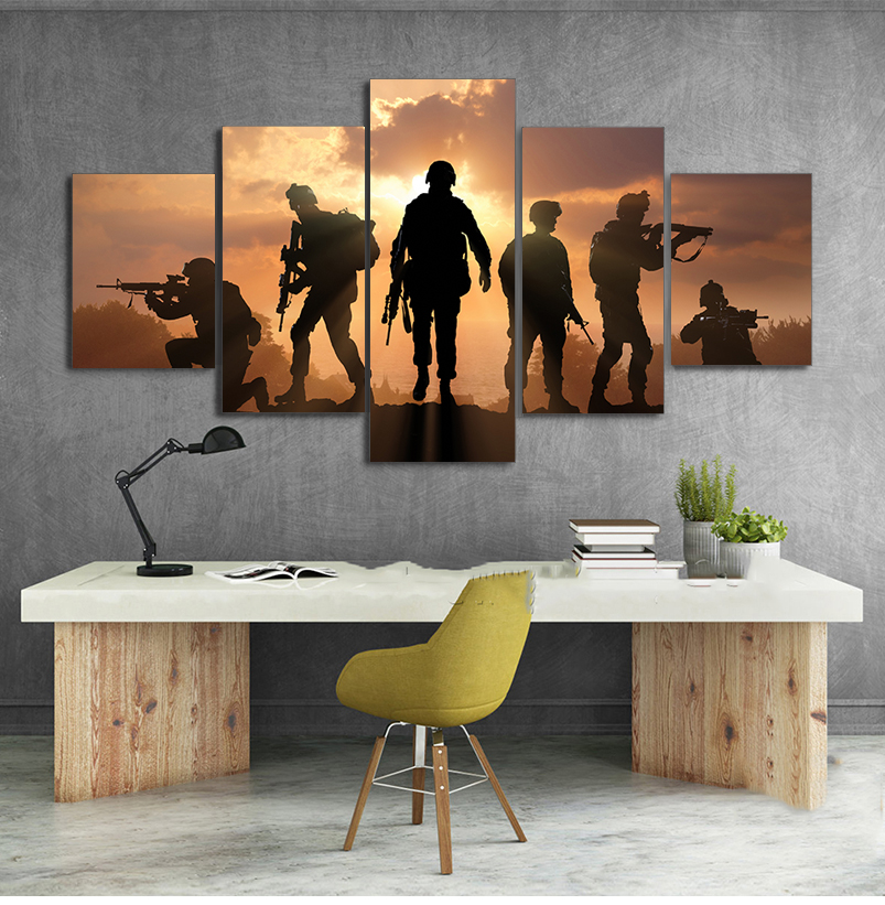 HD Printed 5 Piece Patriotic US military Painting soldiers Canvas with army Sunset Wall Pictures for Living Room battlefield