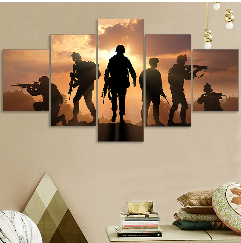 HD Printed 5 Piece Patriotic US military Painting soldiers Canvas with army Sunset Wall Pictures for Living Room battlefield