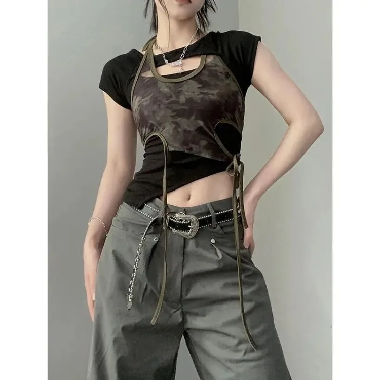 Vintage Camouflage Printed Mesh Halter Camisole Women+ Summer New Slim Fit Irregular Black T-shirts Y2k Grunge Two Piece Sets Vintage Camouflage Printed Mesh Halter Camisole Women+ Summer New Slim Fit Irregular Black T-shirts Y2k Grunge Two Piece Sets