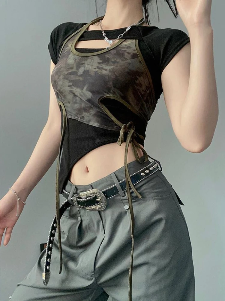 Vintage Camouflage Printed Mesh Halter Camisole Women+ Summer New Slim Fit Irregular Black T-shirts Y2k Grunge Two Piece Sets Vintage Camouflage Printed Mesh Halter Camisole Women+ Summer New Slim Fit Irregular Black T-shirts Y2k Grunge Two Piece Sets