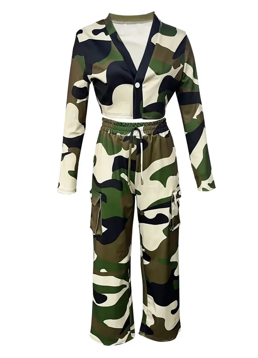 Camouflage Printed Casual Set Fashionable Sexy Short Top Casual Pants Two-piece Set Women's Sports Suit Outdoor Clothing