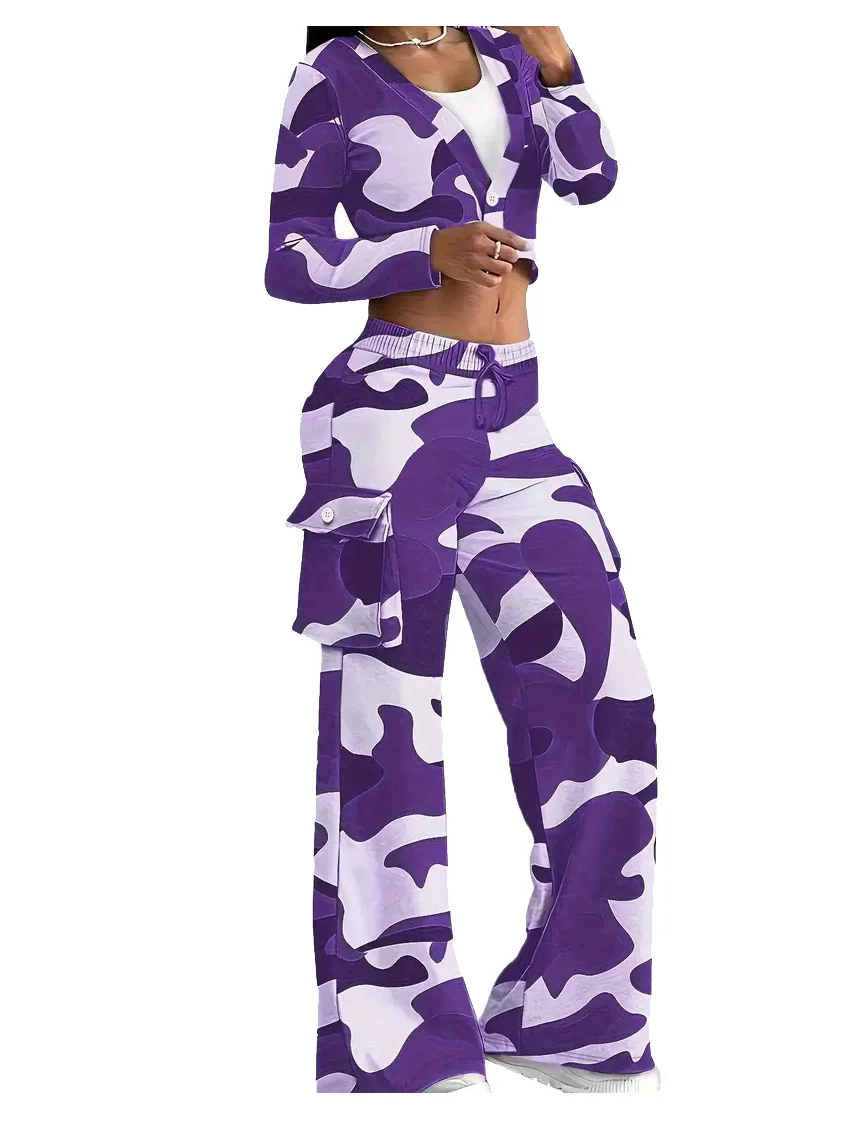 Camouflage Printed Casual Set Fashionable Sexy Short Top Casual Pants Two-piece Set Women's Sports Suit Outdoor Clothing