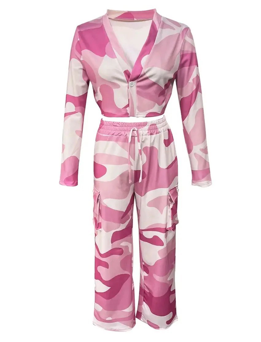 Camouflage Printed Casual Set Fashionable Sexy Short Top Casual Pants Two-piece Set Women's Sports Suit Outdoor Clothing