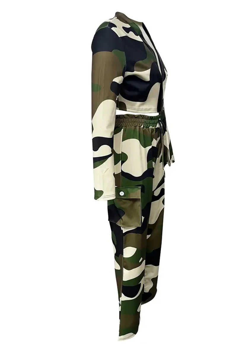 Camouflage Printed Casual Set Fashionable Sexy Short Top Casual Pants Two-piece Set Women's Sports Suit Outdoor Clothing