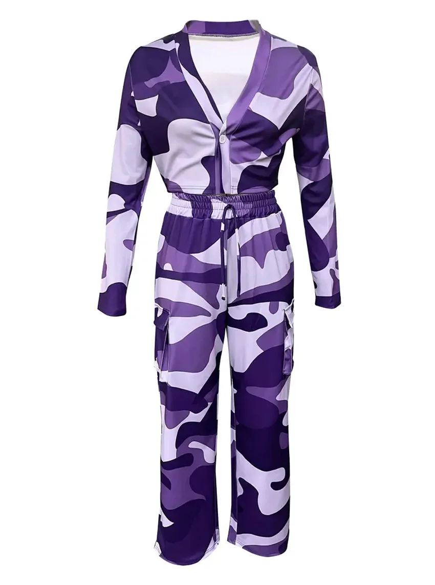 Camouflage Printed Casual Set Fashionable Sexy Short Top Casual Pants Two-piece Set Women's Sports Suit Outdoor Clothing
